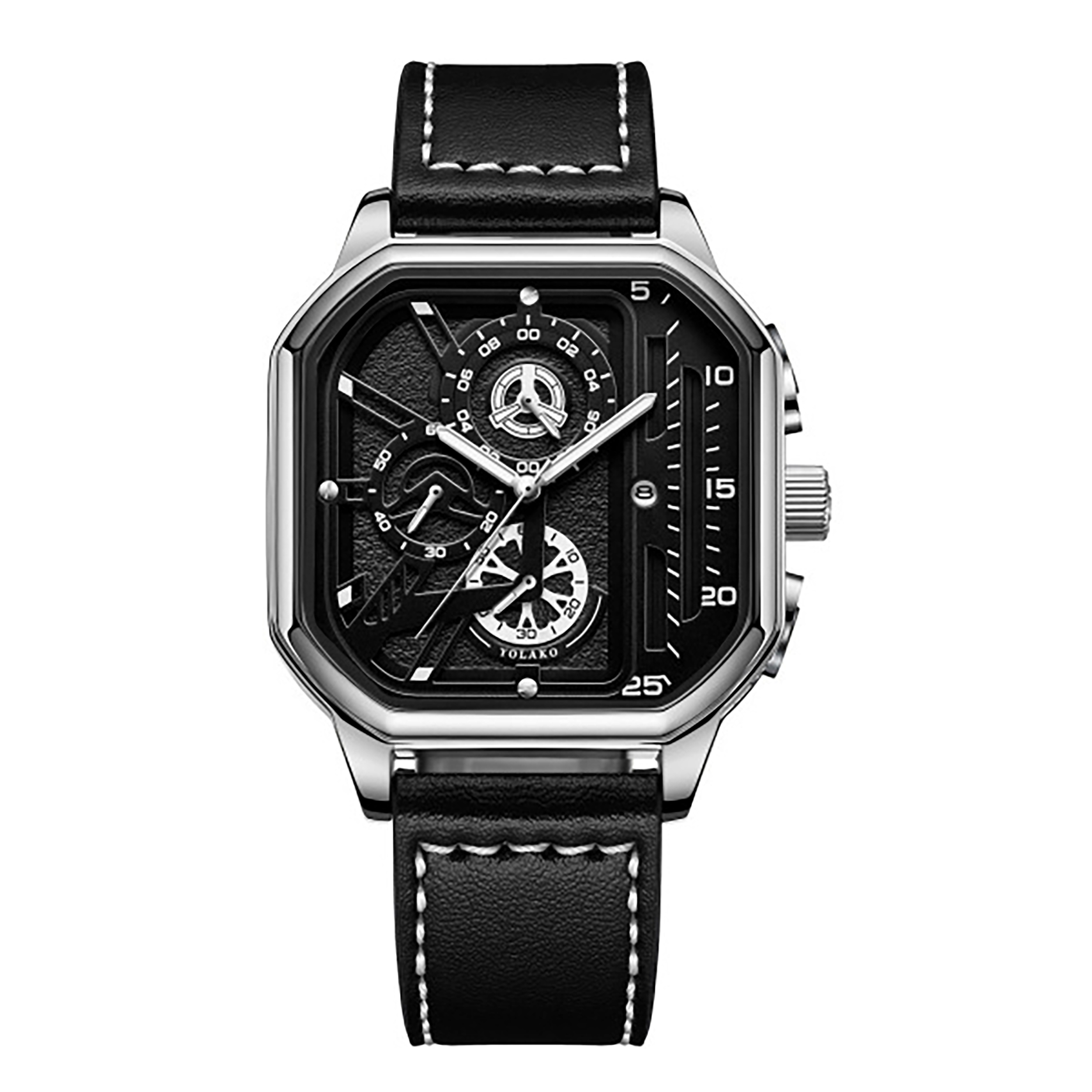 Square Men's Luxury Watch with Leather Strap – Dual Dial Fashion Watch (Silver Shell Silver Needle)