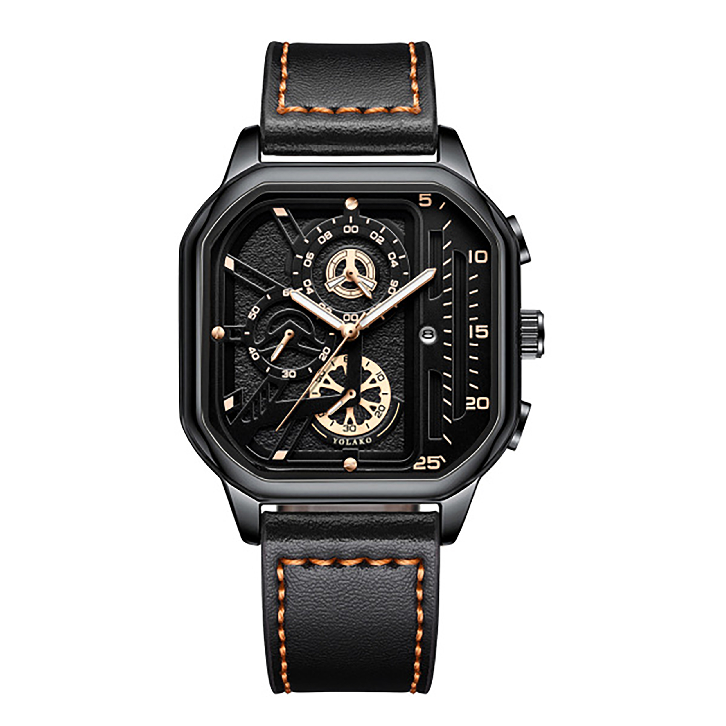 Square Men's Luxury Watch with Leather Strap – Dual Dial Fashion Watch (Black Shell rose needle)